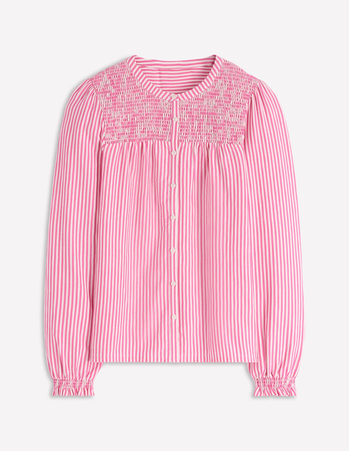 Elsa Smocked Yoke Jersey Shirt Pink Ribbon Stripe