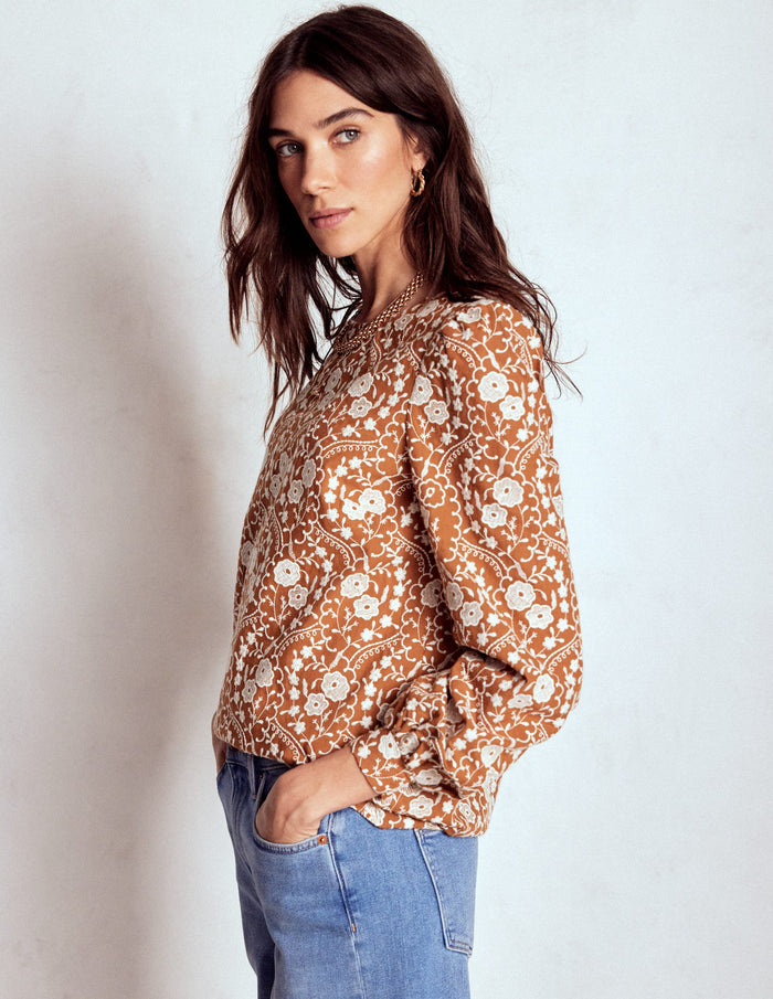 Embroidered Cotton Dobby Top Brown