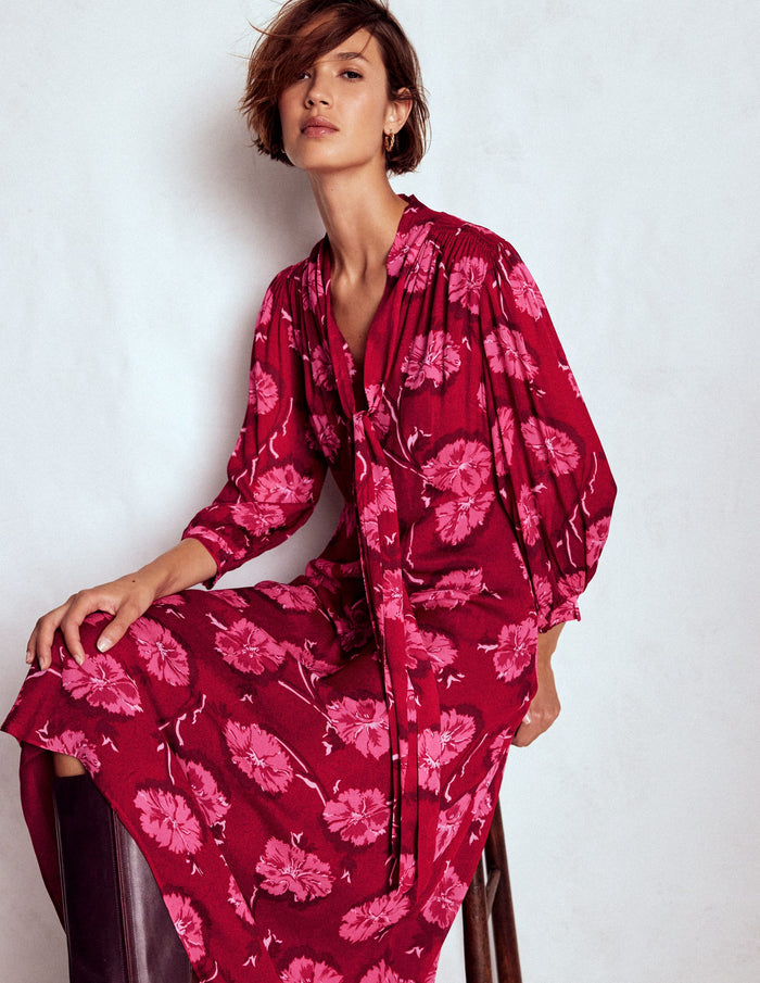 Brooke Tie Neck Tea Dress Cranberry Red, Delicate Vine
