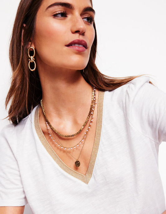 Metallic Trim V Neck T-shirt White