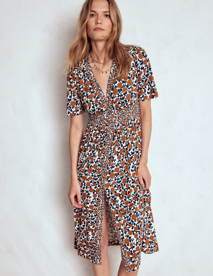Natalia Jersey Tea Dress Cognac, Floweret Vine