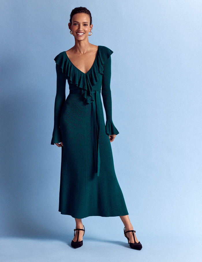 Ruffled Ribbed Dress Emerald Night