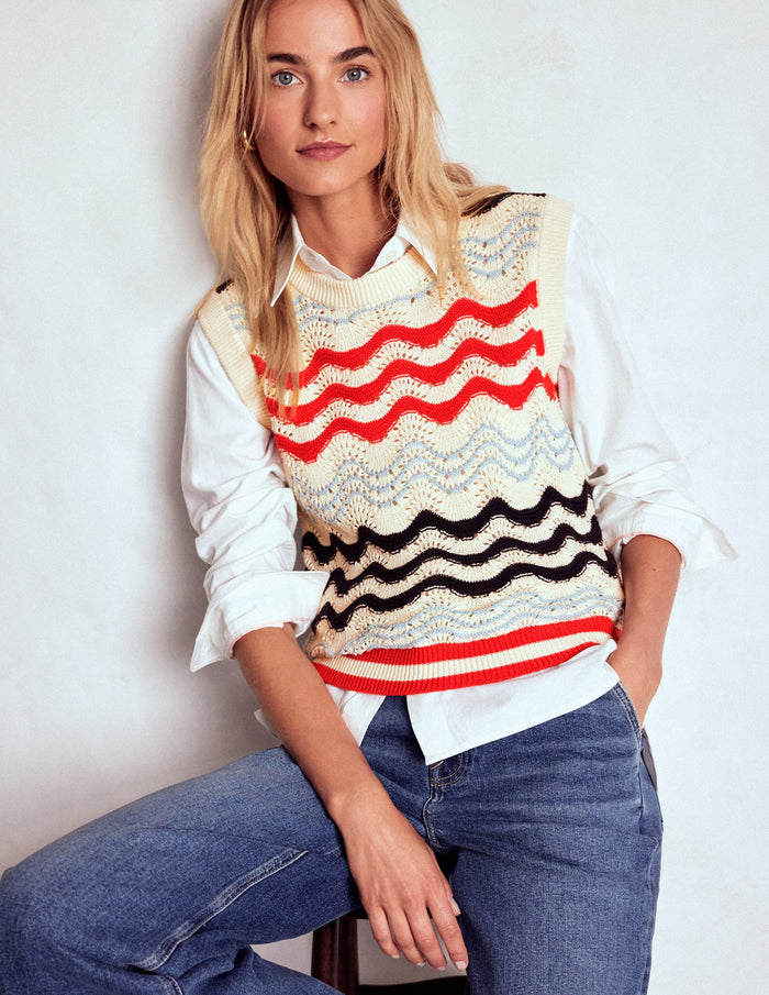 Cotton Wave Sweater Vest Navy/ Red Textured Wave