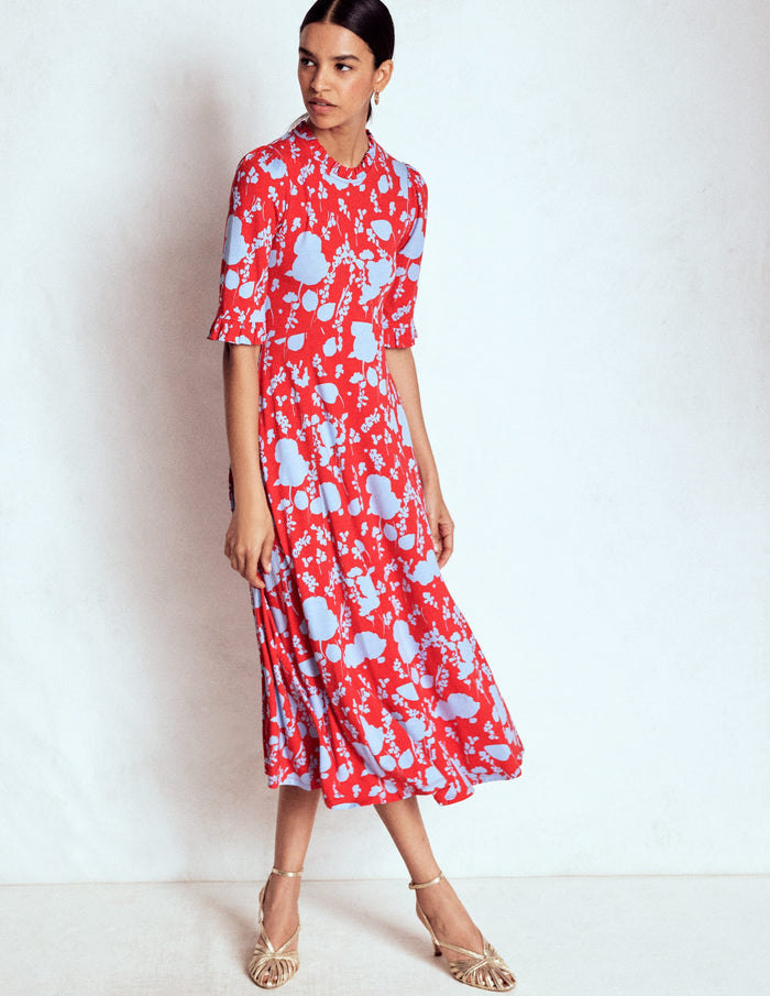 Ruffle Seamed Midi Dress Poppy Red, Dainty Sprigs