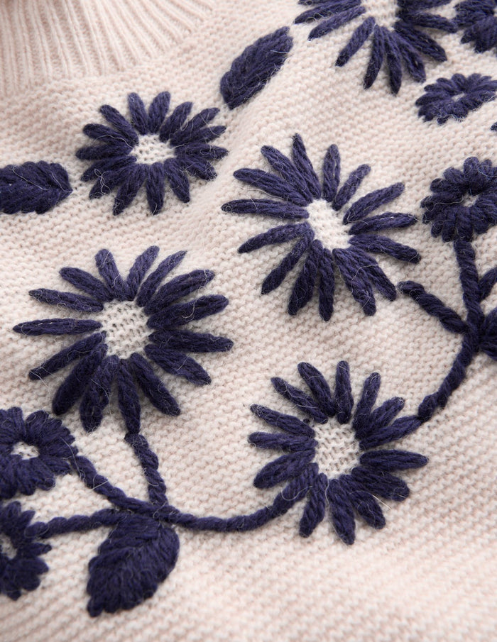 Embroidered Frill Sweater Warm Ivory