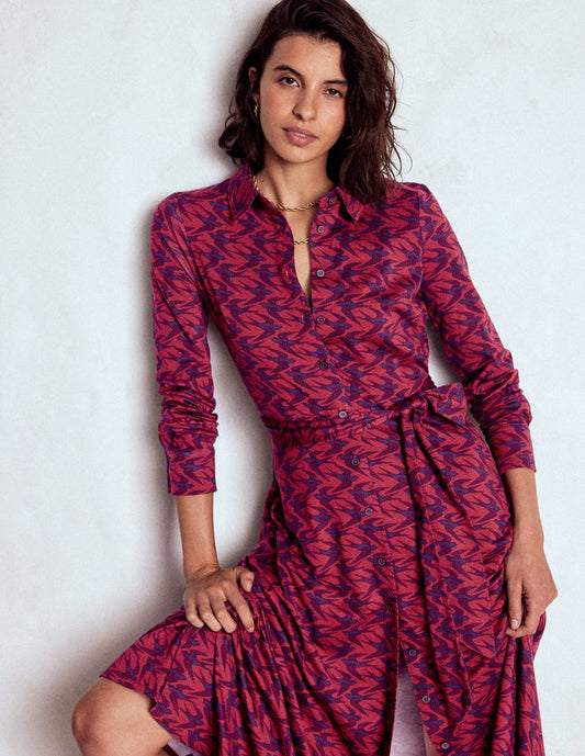 Marcia Jersey Shirt Dress Burgundy Red, Swooping Swallow