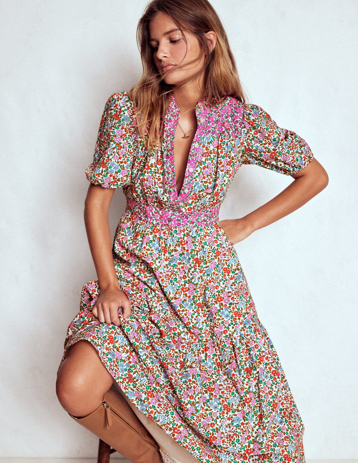 Beatrice Cotton Midi Dress Multi, Flowerbed Cluster