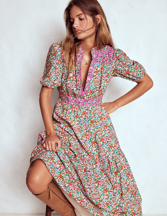 Beatrice Cotton Midi Dress Multi, Flowerbed Cluster