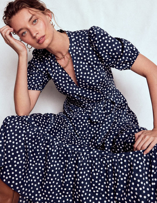 Christabel Cotton Midi Dress French Navy, Painted Dot