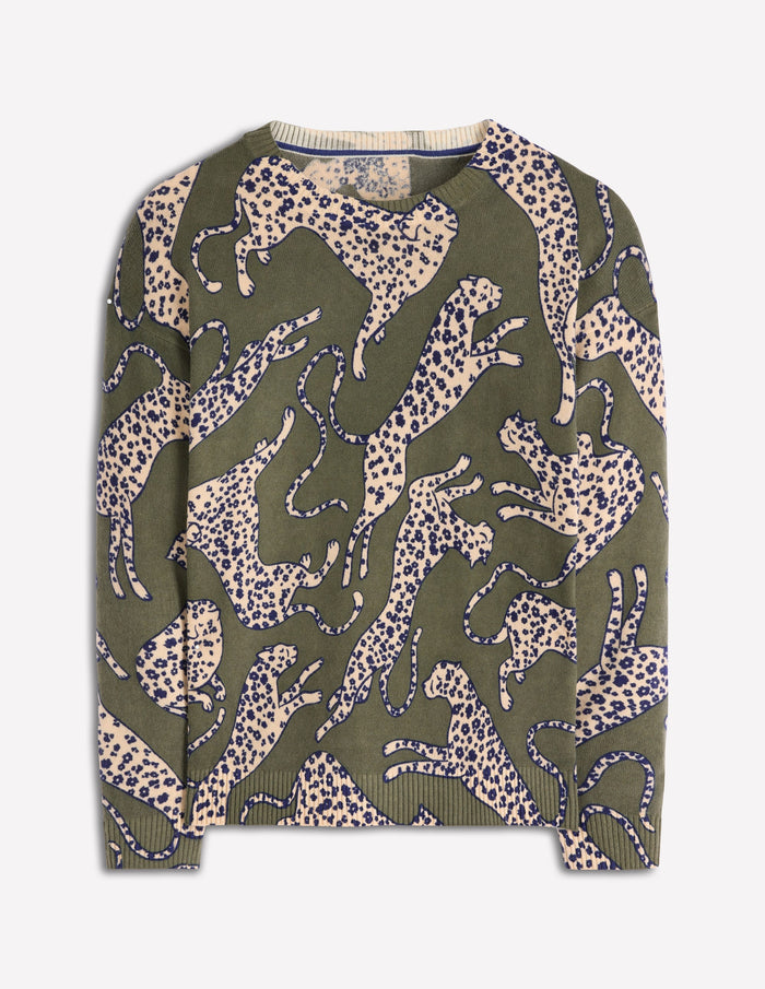 Lydia Cashmere Jumper Woodland Green, Leopard