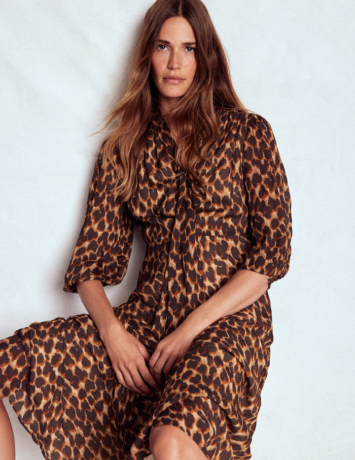 Brooke Tie Neck Tea Dress Sand, Abstract Leopard Spot