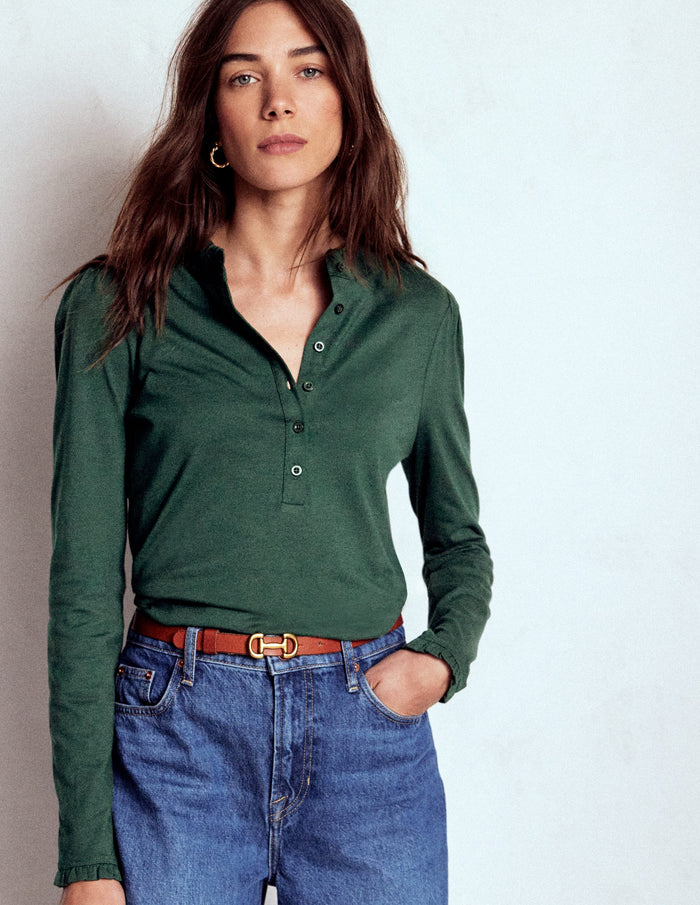 Supersoft Frill Henley Top Green Pine