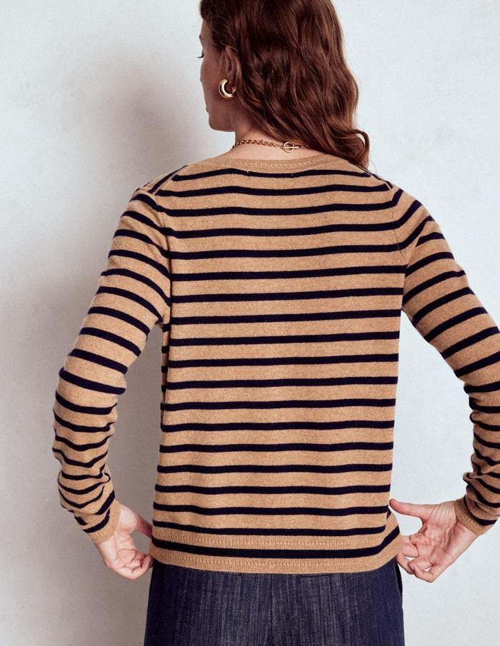 Eva Cashmere Crew Cardigan Camel Melange/Navy Stripe