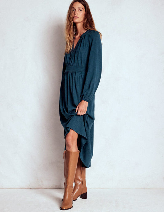 Maddie Picot Trim Midi Dress Midnight Teal