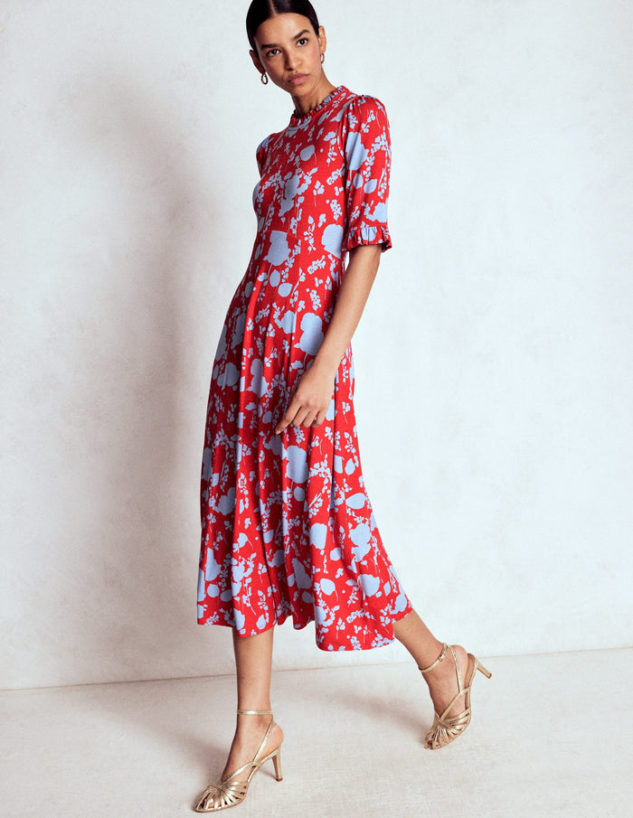 Ruffle Seamed Midi Dress Poppy Red, Dainty Sprigs