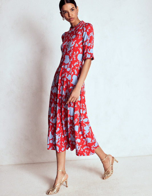 Ruffle Seamed Midi Dress Poppy Red, Dainty Sprigs