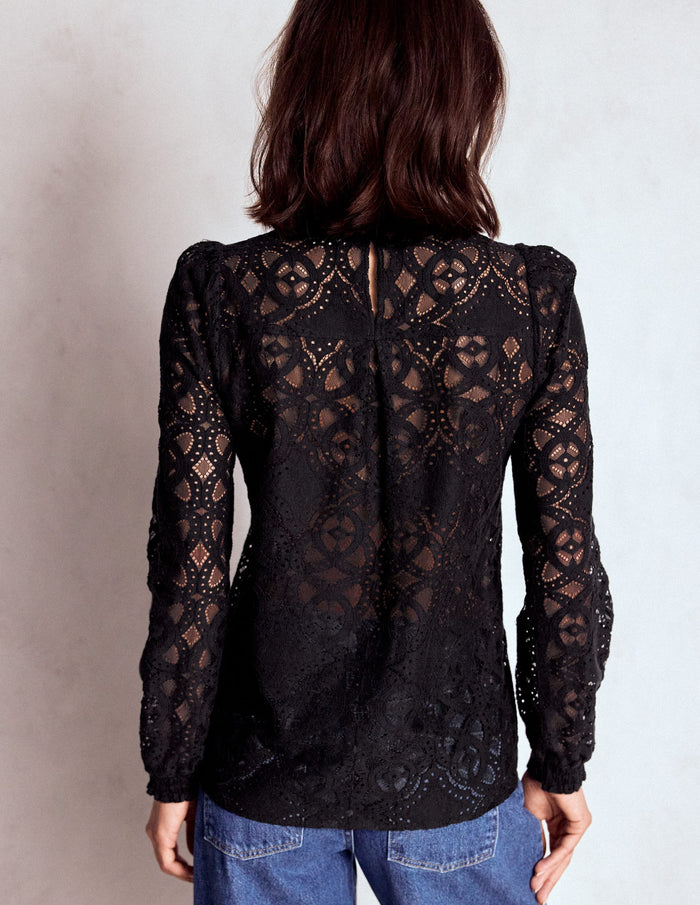 Lace Crew Neck Top Black