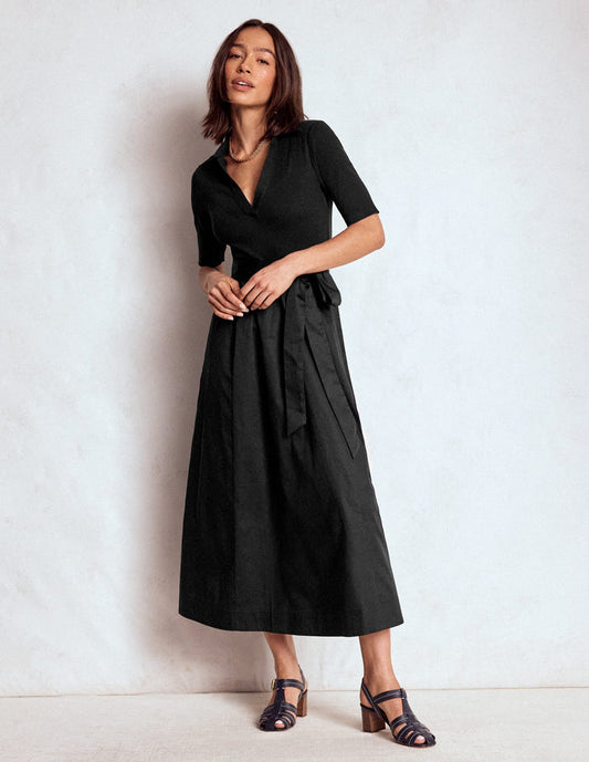 Collar Detail Mix Midi Dress Black
