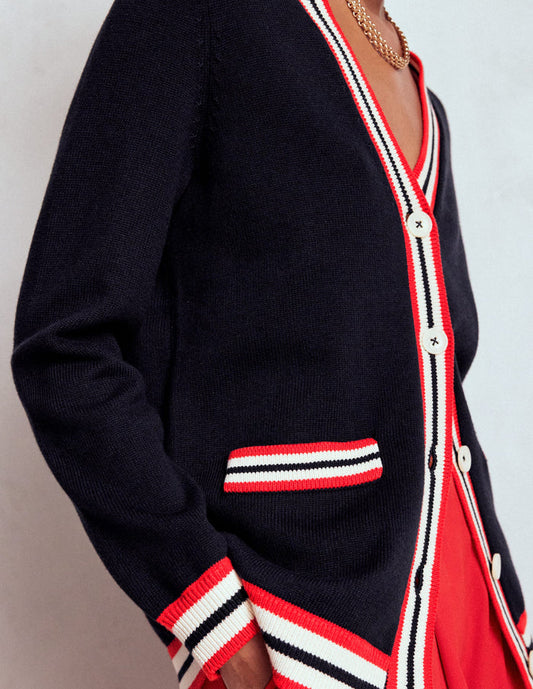 Long Cotton V-neck Cardigan Navy