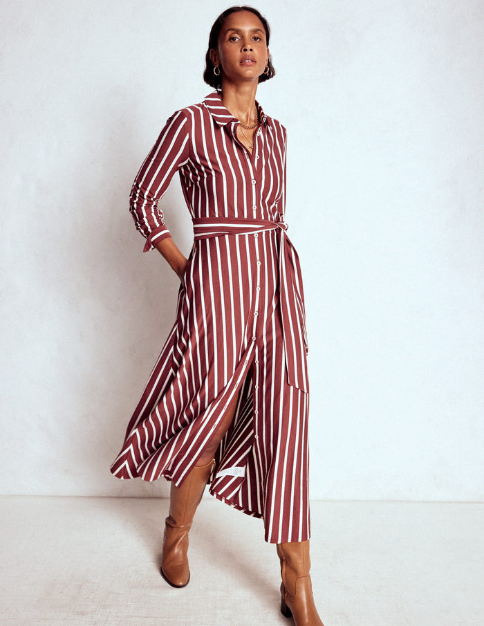 Marcia Jersey Shirt Dress Chestnut and Ivory Stripe