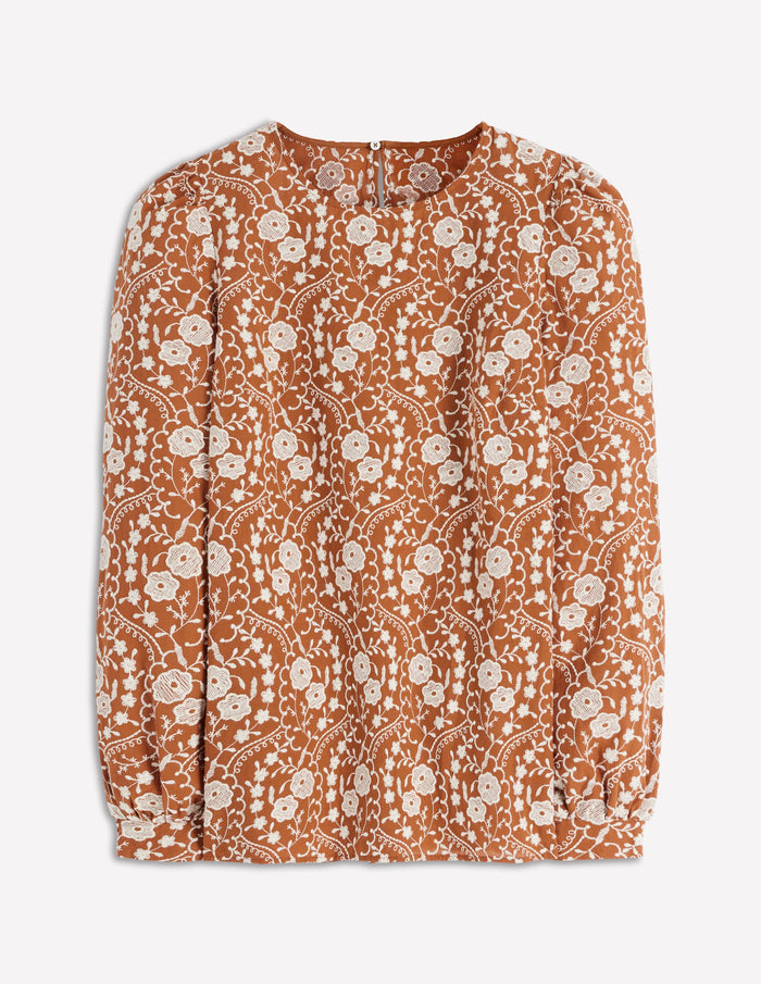 Embroidered Cotton Dobby Top Brown
