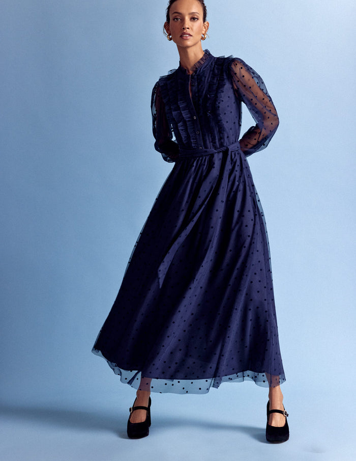 Tulle Ruffle Maxi Dress Navy