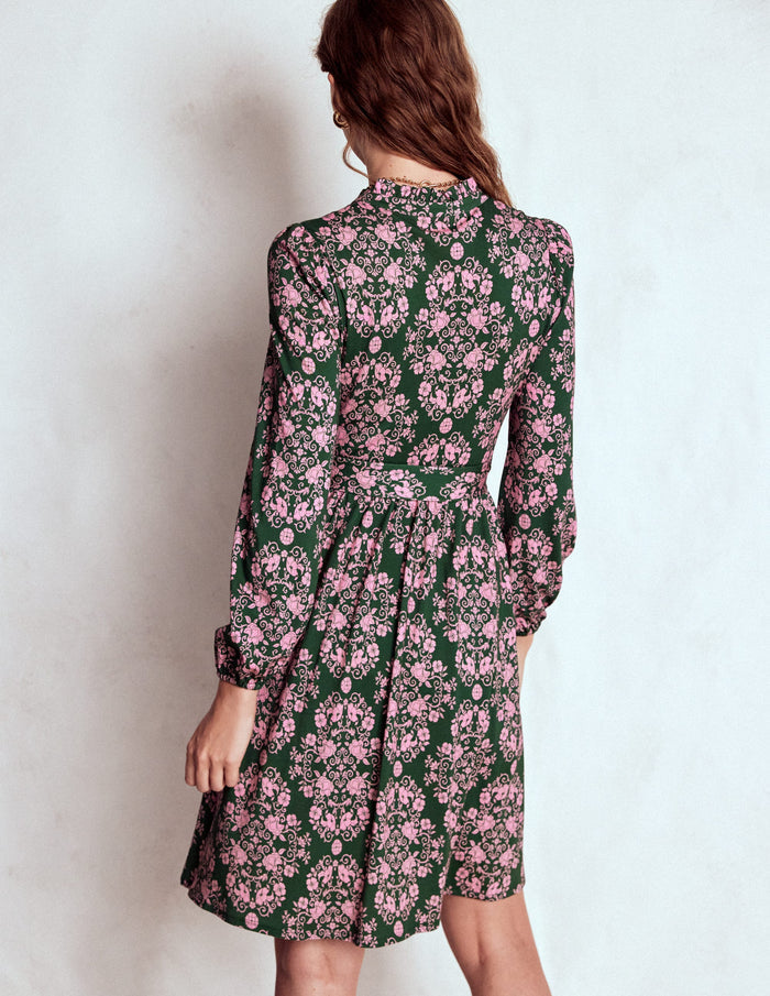 Willow Ruffle Neck Shirt Dress Green, Ornamental Lattice