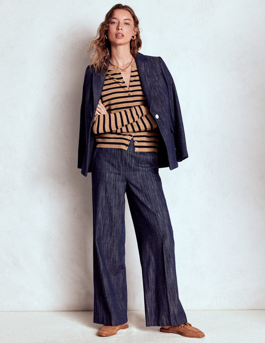 Eva Cashmere Crew Cardigan Camel Melange/Navy Stripe