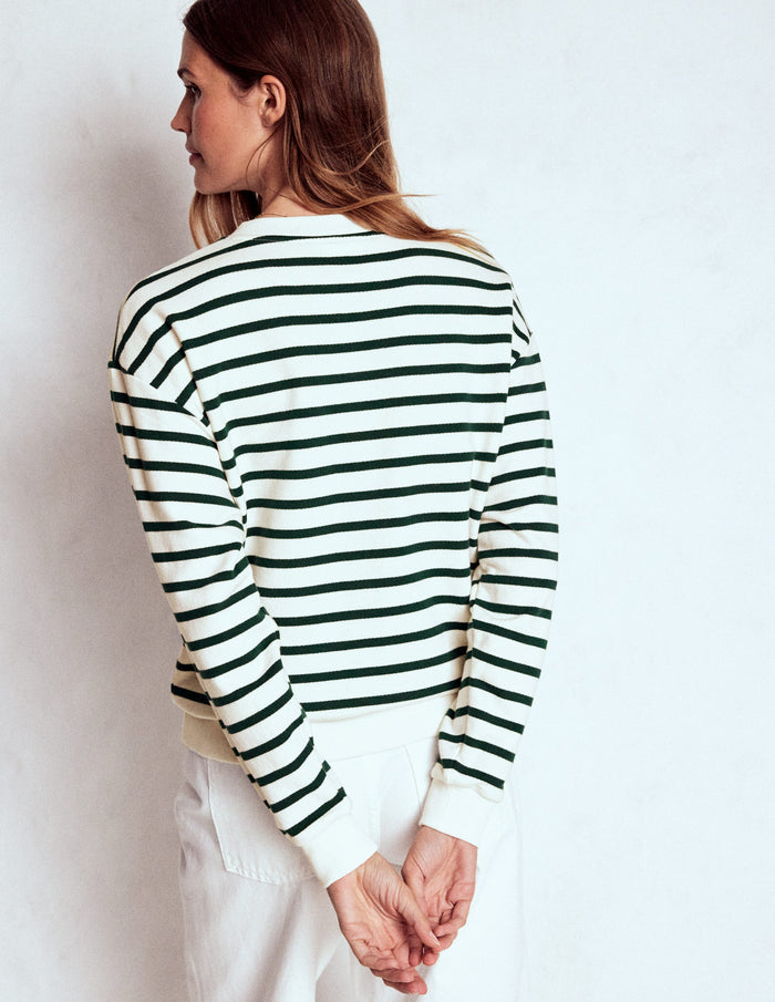 Button Detail Sweatshirt Emerald Night, Ivory