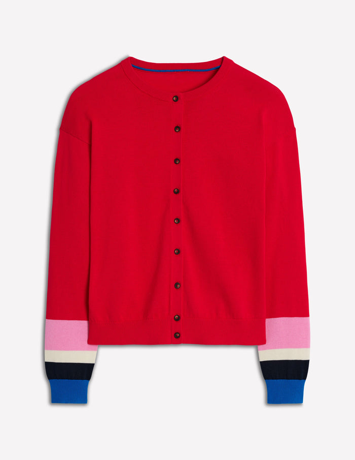 Lara Relaxed Cotton Cardigan Poppy Red, Cuff Stripe