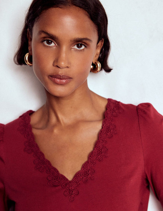 Flora Lace V-neck Top Burgundy Red