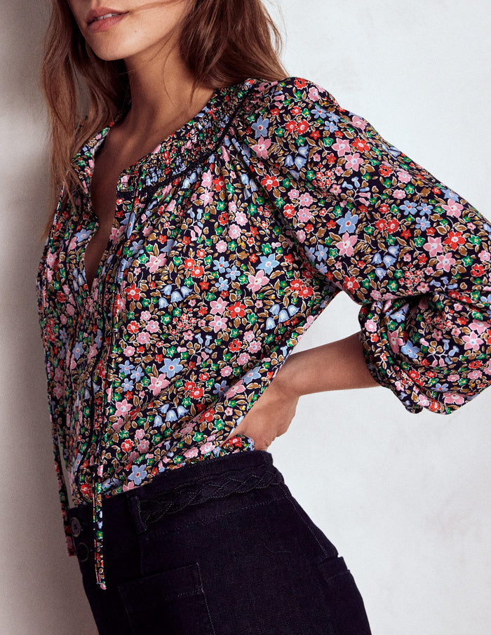 Georgia Smocked Jersey Top Navy and Multi, Flowerbed