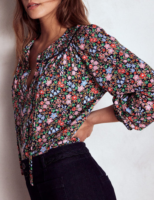 Georgia Smocked Jersey Top Navy and Multi, Flowerbed