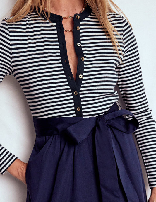 Button Detail Mix Dress Navy Stripe