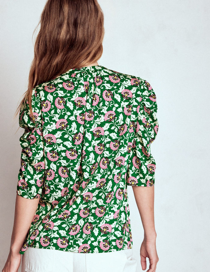 Mutton Sleeve Smart Top Rich Emerald, Ornate Vine