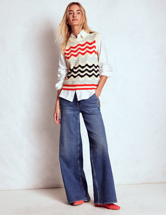 Cotton Wave Sweater Vest Navy/ Red Textured Wave