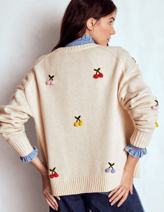 Natalie Embroidered Cardigan Oatmeal Melange, Cherry