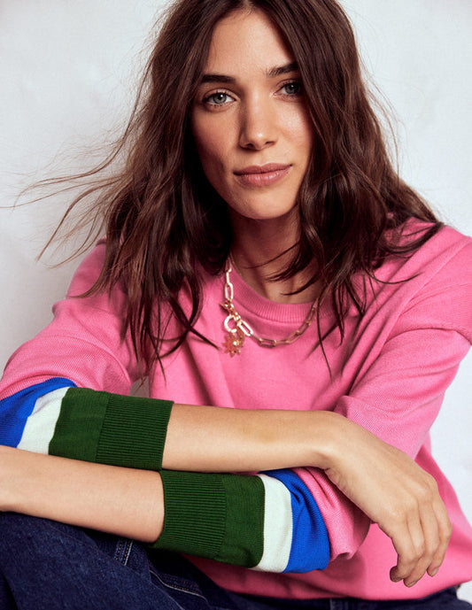 Lara Relaxed Cotton Jumper Pink Lemonade, Cuff Stripe
