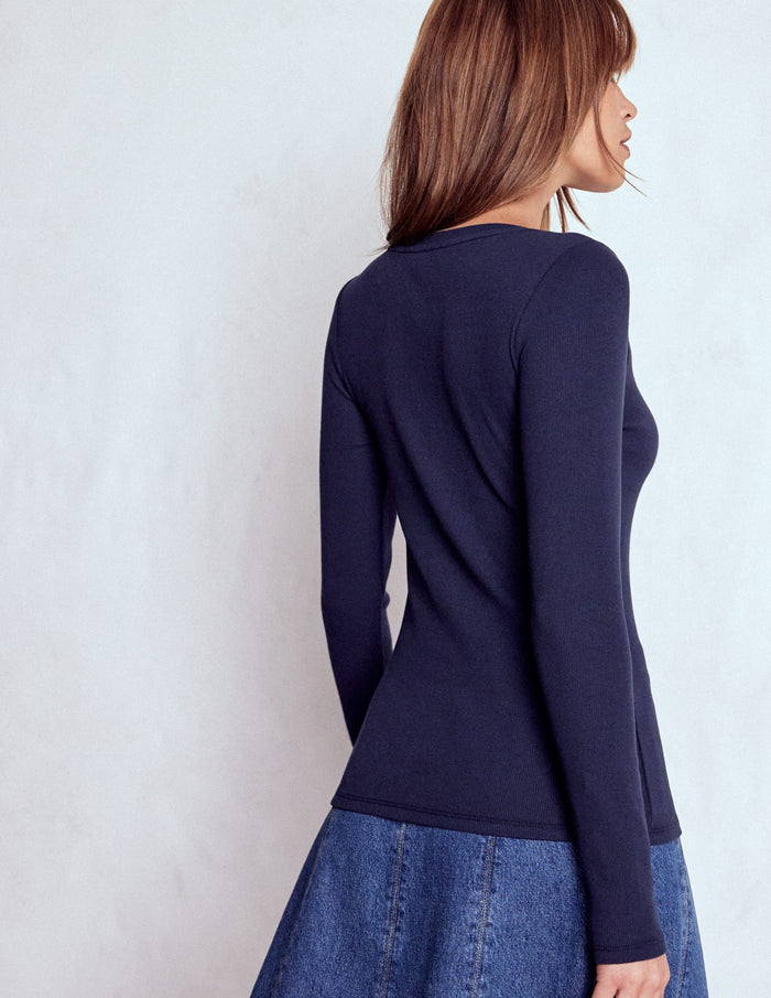 Evie Button Through Ribbed Top Navy