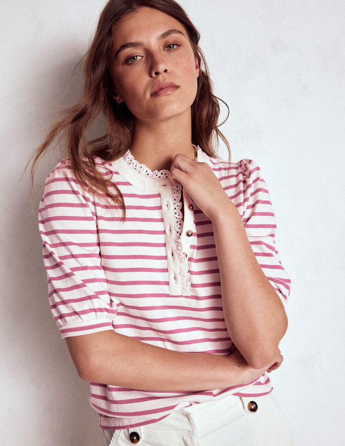 Puff Sleeve Henley Pink Heather, Ivory Stripe
