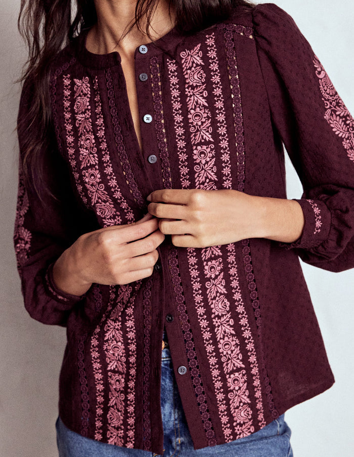 Embroidered Cotton Top Dark Cherry