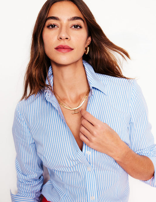 Saskia Stretch Cotton Shirt Forget Me Not, Ivory Stripe