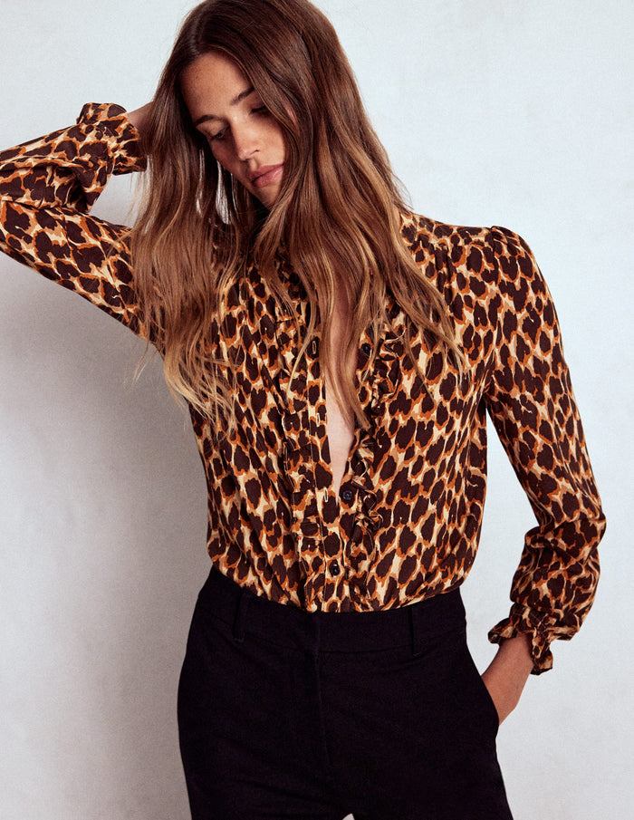 Alice Frill Front Silk Top Leopard Spots