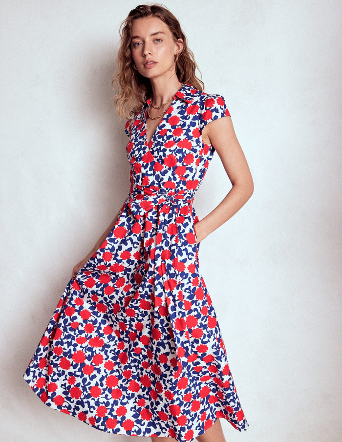 Julia Cotton Wrap Midi Dress Poppy Red, Floweret Vine
