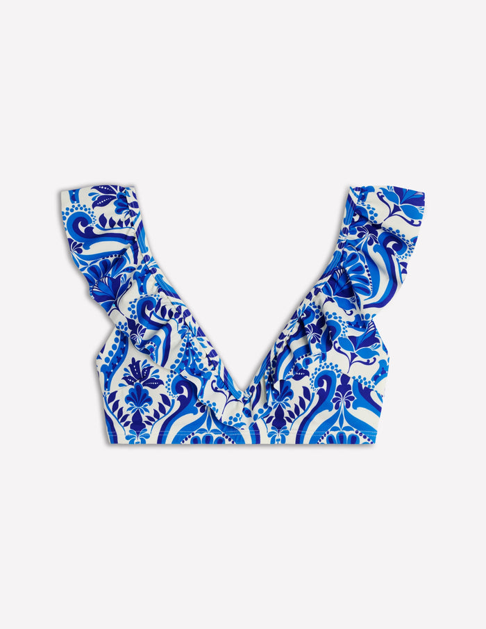 Evia Ruffle Bikini Top Blue, Ornamental Floral