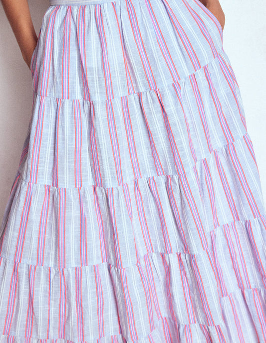 Tiered Poplin Midi Skirt Metallic Stripe