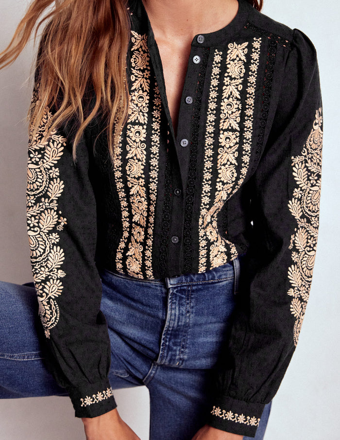 Embroidered Cotton Top Black