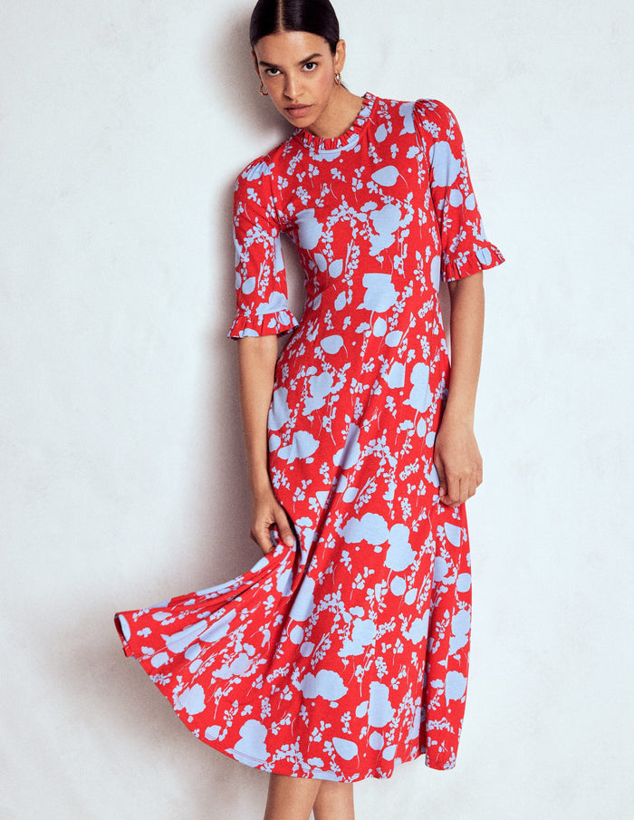 Ruffle Seamed Midi Dress Poppy Red, Dainty Sprigs
