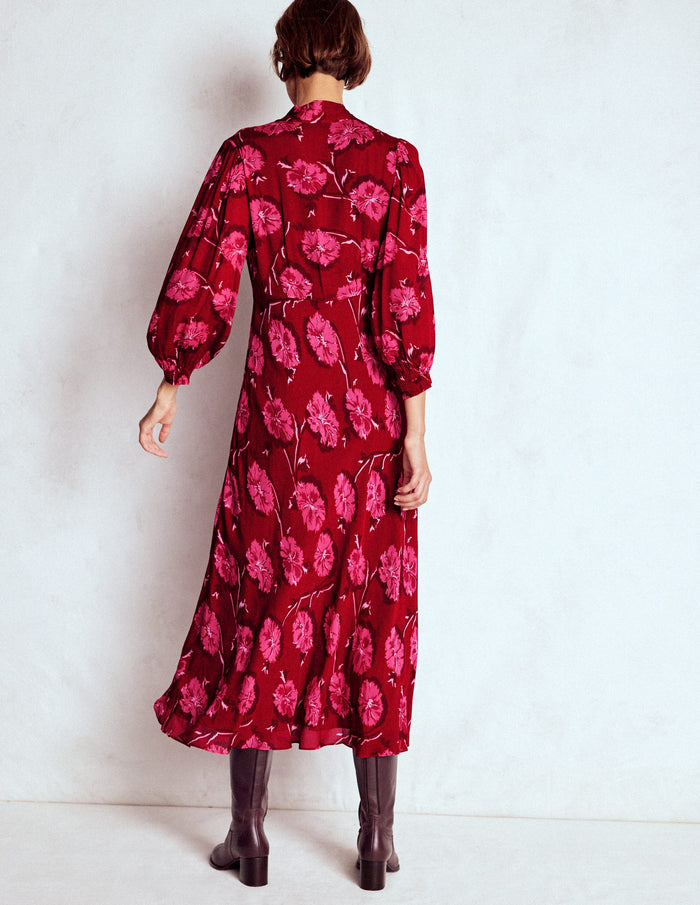 Brooke Tie Neck Tea Dress Cranberry Red, Delicate Vine