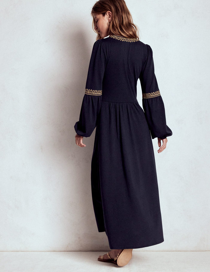 V-Neck Blouson Midi Dress Navy